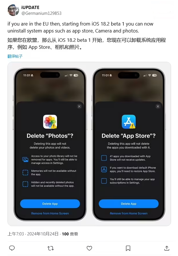 坦洲镇苹果手机维修分享iOS 18.2 支持删除 App Store 应用商店 