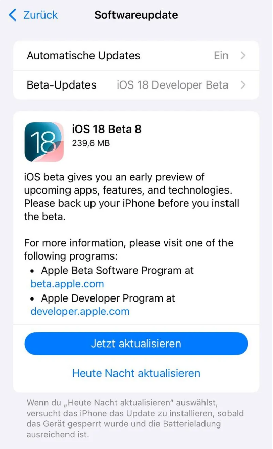 坦洲镇苹果手机维修分享苹果 iOS / iPadOS 18 开发者预览版 Beta 8 发布 